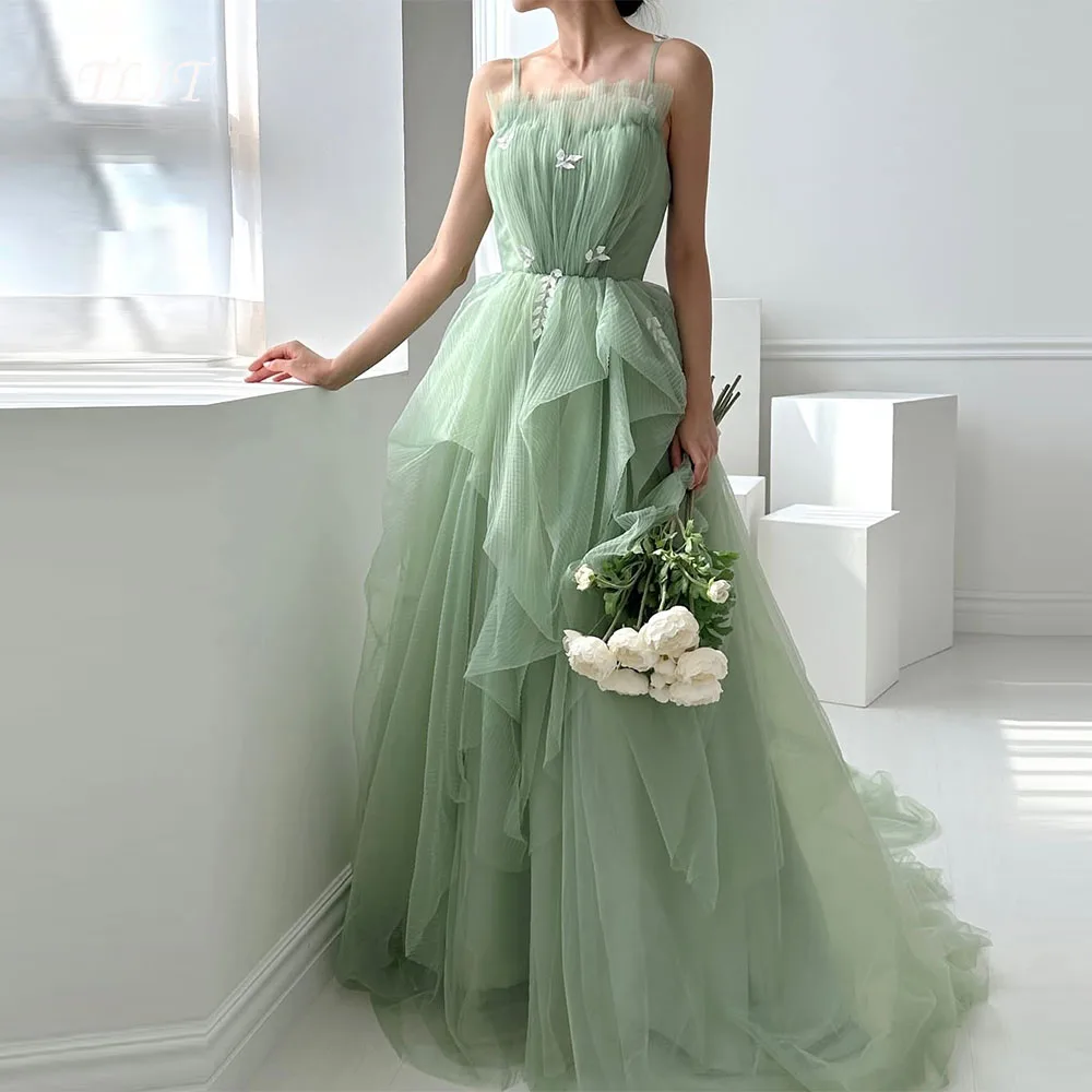 

TLIT Simple Candy Color Tulle Evening Dresses Customized Korea Wedding Dresses Photo Shoot Appliques Flowers Strapless Gowns
