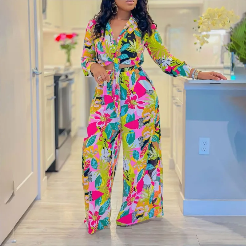 

2024 Spring Summer New Long Sleeved Printed Suit For Women Fashion Lapel Single Breasted Shirt Wide Leg Trousers Two Piece Set