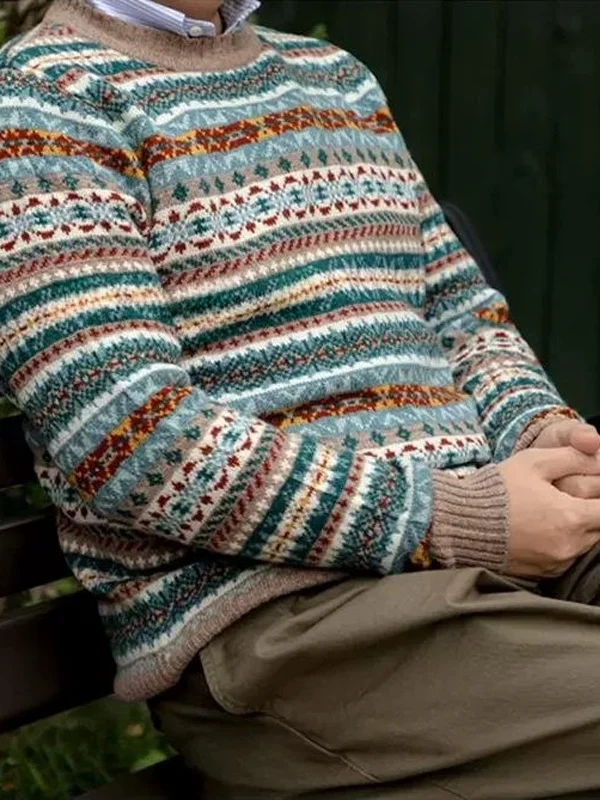 

Retro Fair Isle Knitted Sweater Men's round Ne Overhead Wool Blend Striped Faionable Briti Sle Winter Warm Top