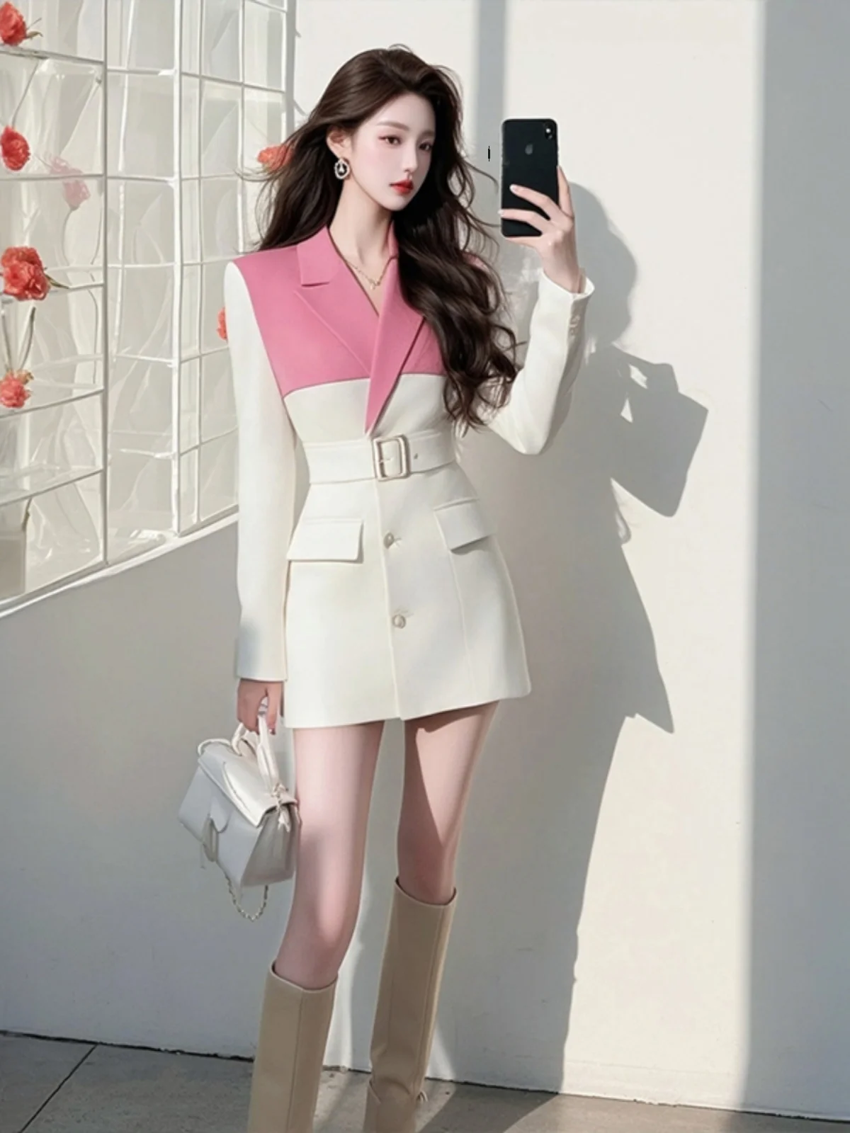 

Белый костюм Ele для женщин: модный комплект с юбкой миди с высокой талией и длинными рукавами, в стиле пэчворк, для весеннего сезона, в стиле «Rich Girl»