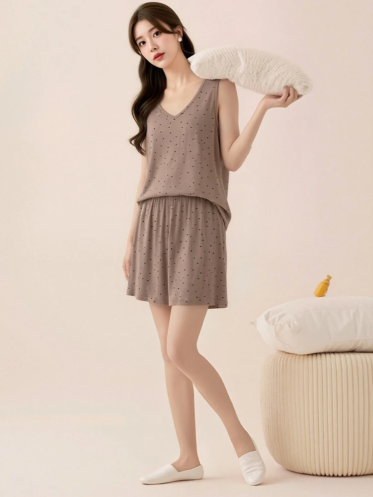 Modal V-Neck Polka Dot Home Clothes Set Summer Thin Vest Shorts Two-Piece Set Women Casual plus Size Nightgown July Deer Brand