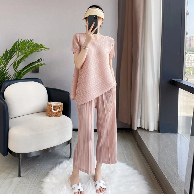 Pleats Pleated Pants Set 2024 Summer New Loose Ageing Big Size Temperament Fashion Simple Pleated Two-piece Female Clothing