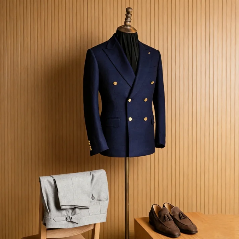 

Formal Men Suits Slim 2 Pieces Double Breasted Peaked Lapel Wedding Groomsmen Custom Male Clothes Navy Blue Jacket Grey Pants