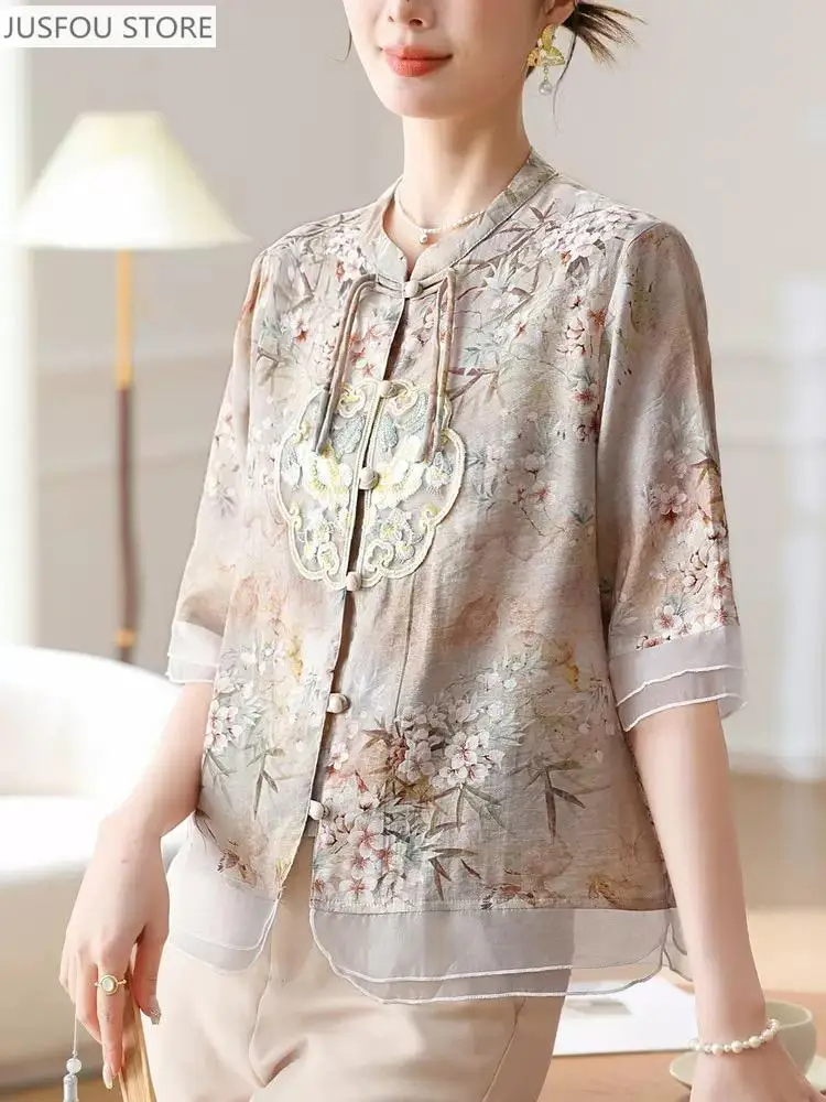 New Chinese Plus Size 5Xl Hanfu Women's Printed Tang Suit Spring Summer Half Sleeve Shirt Trousers Set Middle Age Mother Clothes