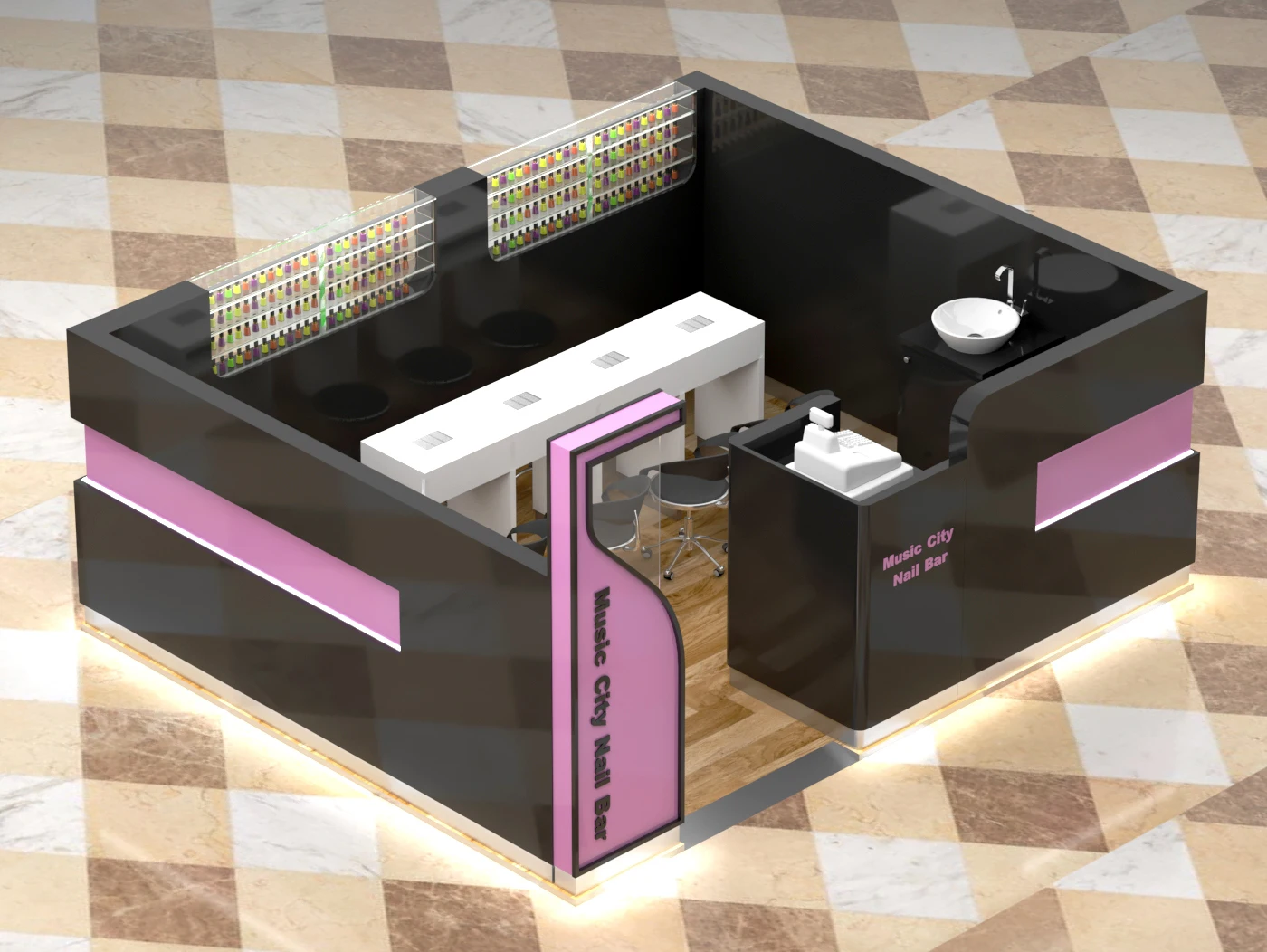 Fashion Nail Design Kiosk Custom Nail Counter Black And Purple Display Booth In Shopping Mall For Sale