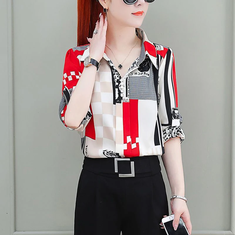 Customization 2023 Summer Women's Korean Fashion Printed Chiffon Shirt Ladies Half Sleeve Loose Casual Pullovers Female Elegant