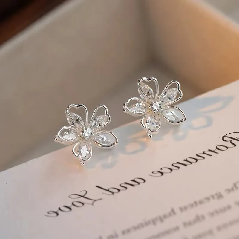 925 Sterling Silver Needle Zircon Hollow Flower Plant Stud Earrings For Women Cute Fashion Jewelry Piercing Hole Accessories gallery 4