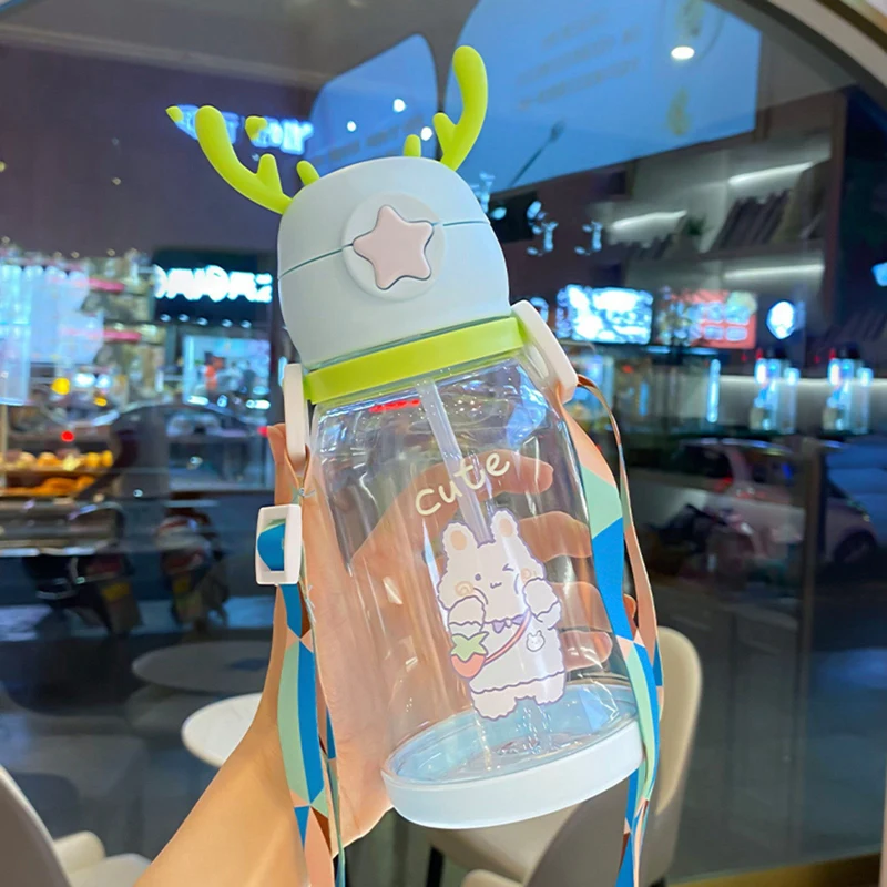 Cartoon Antlers Water Bottle For Kids Sippy Cups Water Bottle With Straw Baby Water Feeding Cups Portable Leakproof Water Bottle