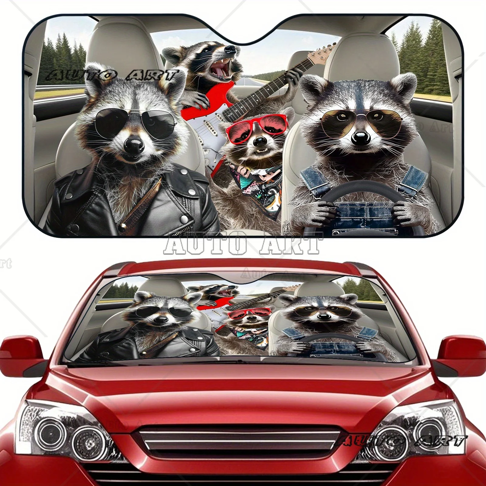 

Cute Raccoon Playing Guitar Windshield Sunshade Car Front Window Visor Sunshade Accessories Covers