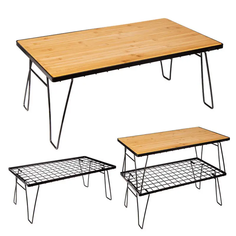 Outdoor Camping Bamboo Wood Folding Bbq Grill Table  Metal Mesh Folding Camping Iron Mesh Table