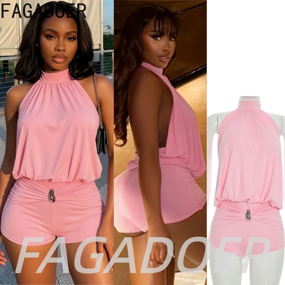 

FAGADOER Fashion Ruched Bodycon Romper Hot Girl Solid Color Lace-up Halter Big Backless Jumpsuits Summer Women Elegant Playsuits
