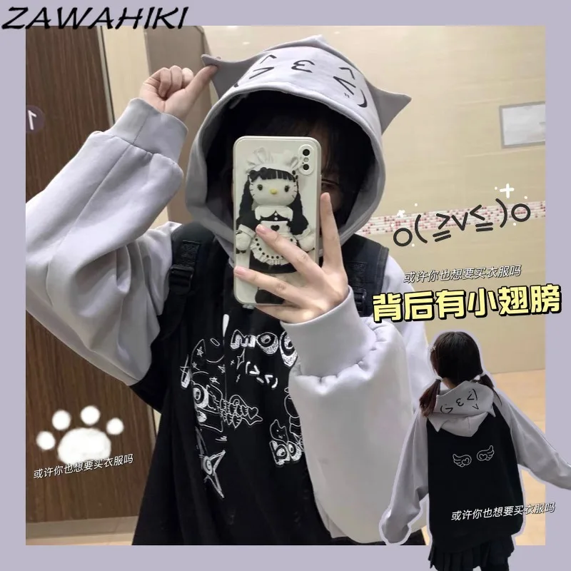 

Hoodies Women Contrast Color Patchwork Sweatshirts Cartoon Print Office Lady Casual Top Female Japanese Kawaii Preppy Ropa Mujer