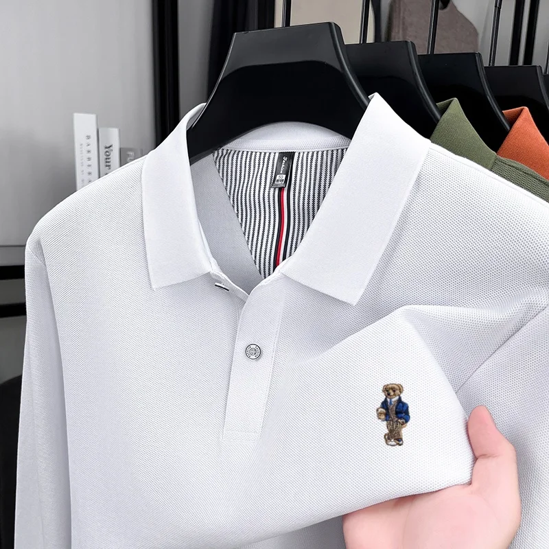100% Reine Baumwolle Hochwertige Marken-Herren-Langarmshirts Herbstmode Boutique Bären-Stickerei Original-Design Golf Freizeit T-Shirt