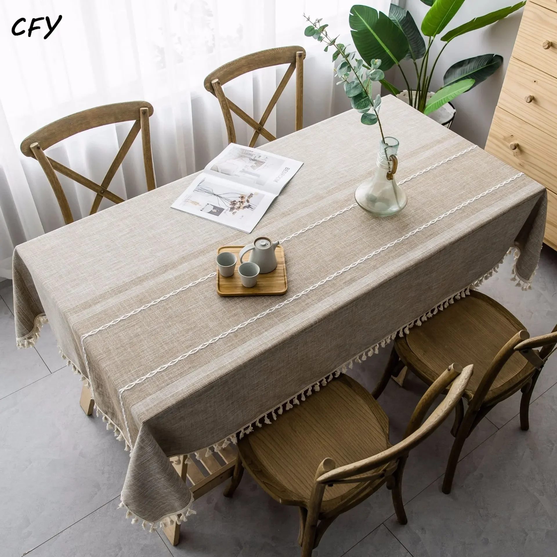 

Cotton Linen Asymmetric Stripe Tablecloth with Tassel Dustproof Thicken Rectangular Wedding Dining Table Cover Tea Table Cloth