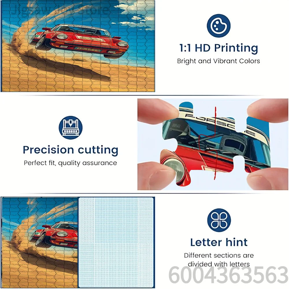 Retro Desert Rally Red Classic Porsche Sports Car Paper Jigsaw Puzzle, Off-Road Racing Dune Jump Scene Art Paper Puzzle for Adul
