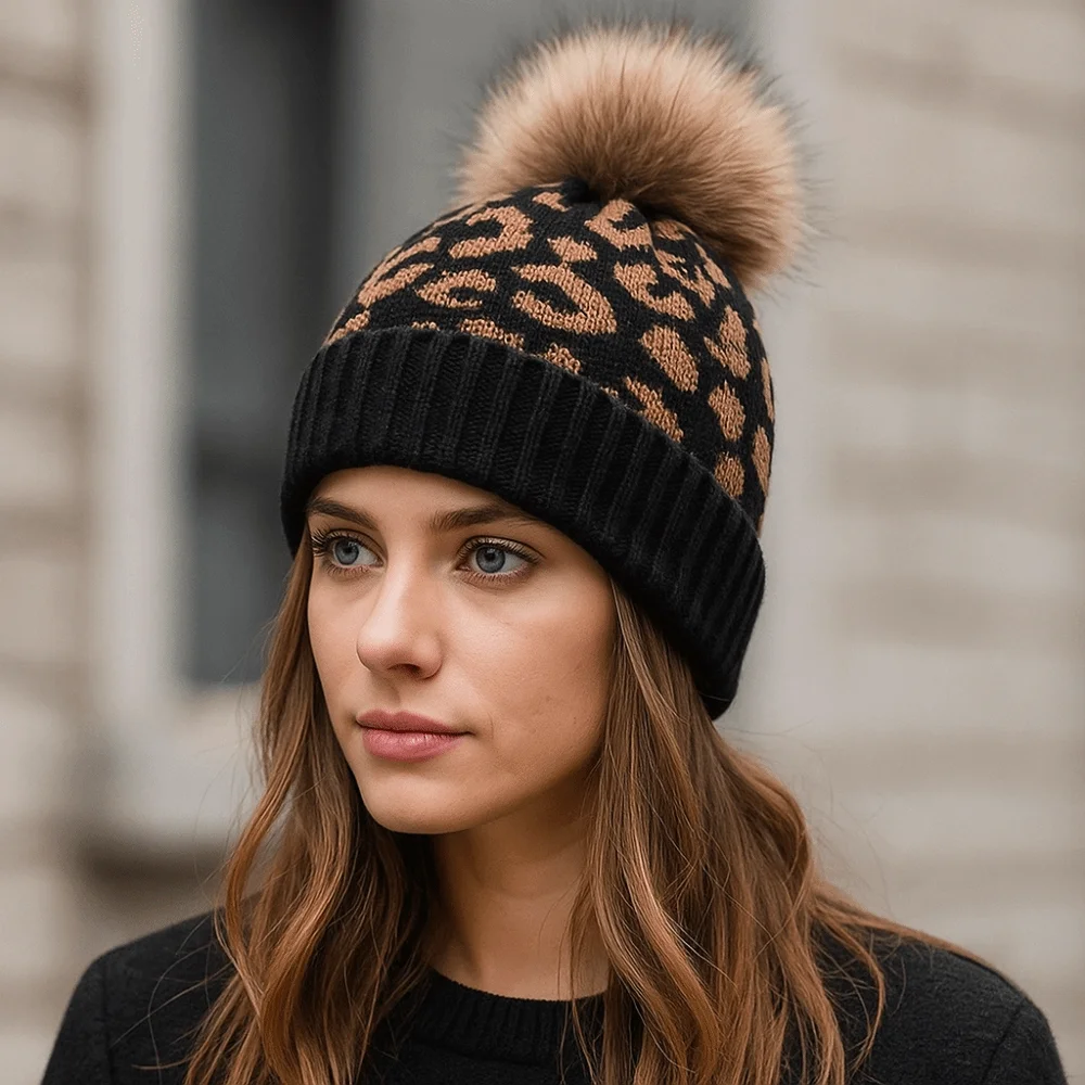 

Trendy Thickened Leopard Print Hat Curled Edge Cozy Wool Ball Hat Warmth Knitted Hat Unisex