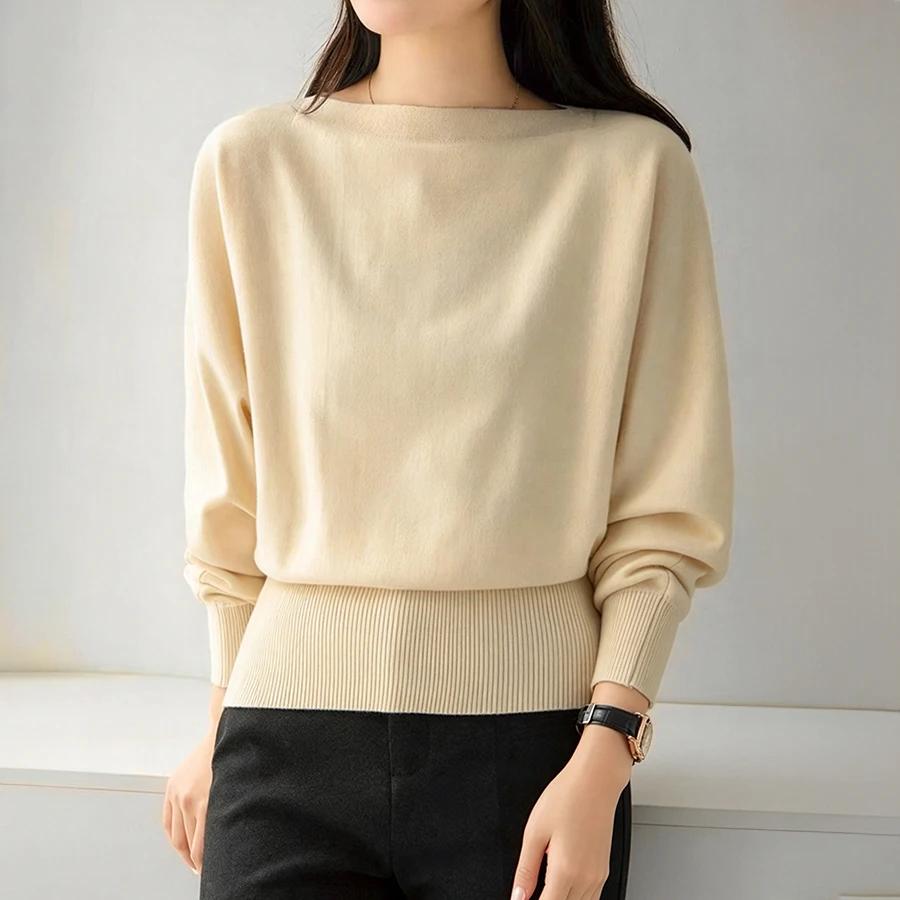 Boat Neck Sweater with Wide Ribbed Hem Batwing Sleeve Pullovers Women Sweater Autumn Winter Cozy Knitted Crop Top French Chic