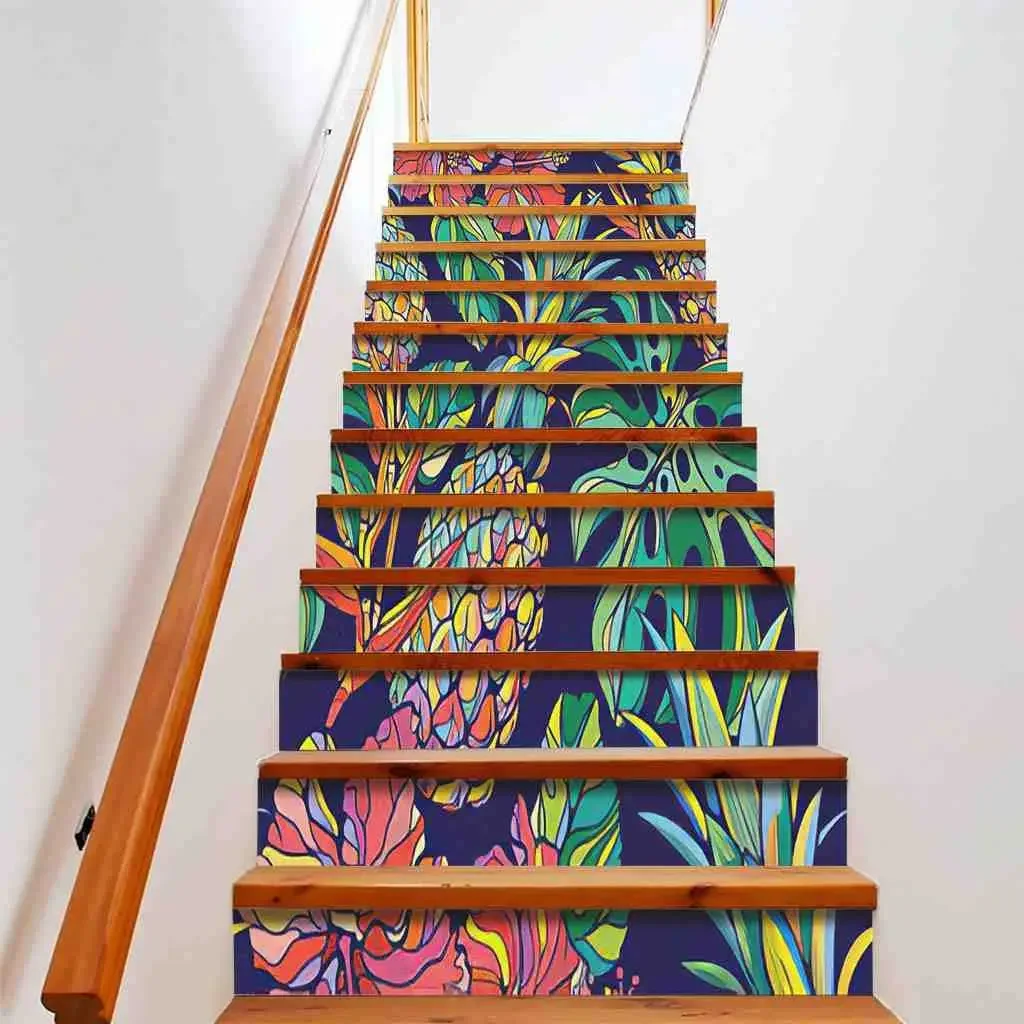 Pineapple Stair Stickers Psychedelic Tropical Fruits Staircase Sticker Decals Green Leaf Stairs Riser Stairway Murals Home Decor