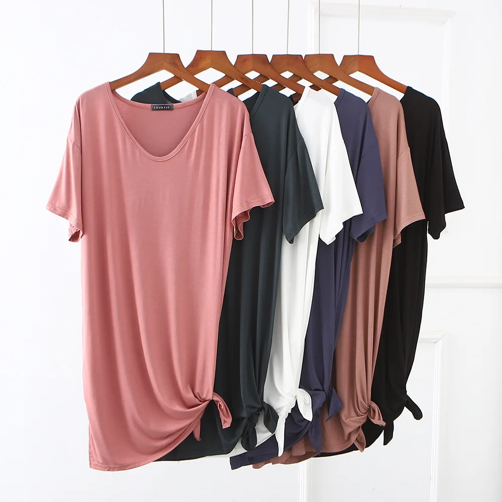 Modal casual Loose V-neck Dress summer women's side slit dresses Mid-Length sleepdress korea style Tshirt-dress solid color