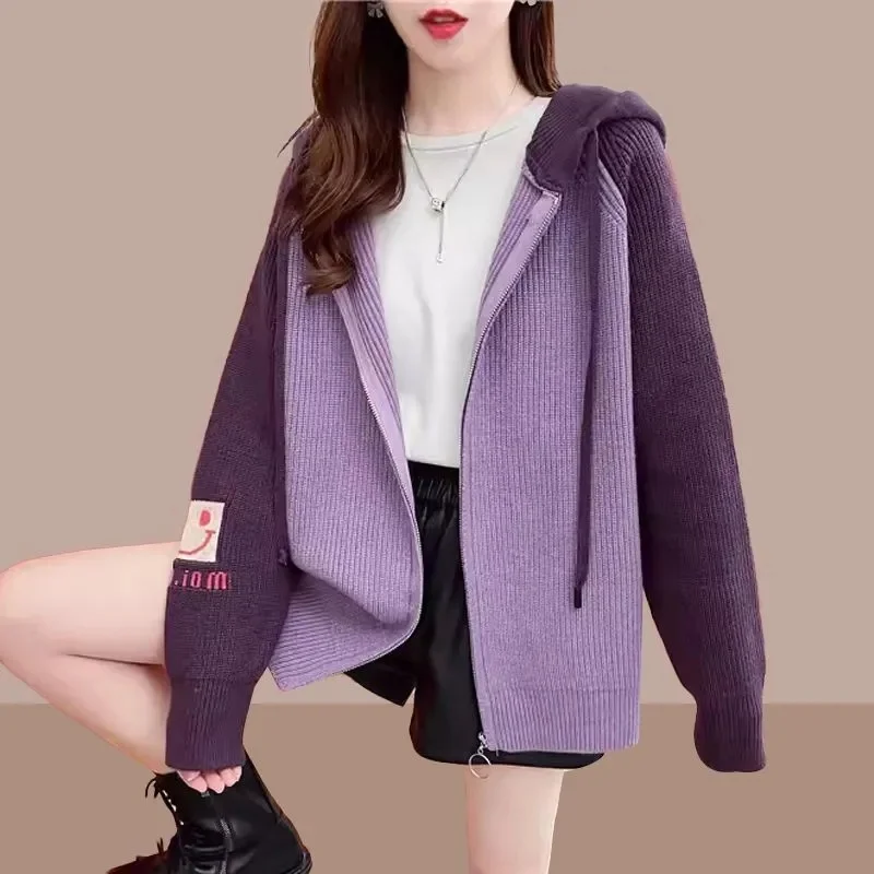 

Contrast Zipper Hooded Sweater Women Embroidered Cardigan 2023 Autumn/Winter New Korean Women's Loose Thickened Knitted Outwear