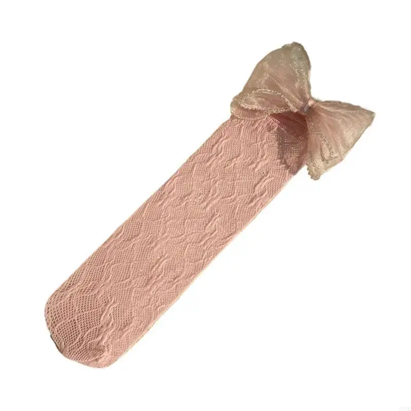 195E Kids Girls Korean Elegant Hollowed Lace Long Socks Pearl Beaded Trim Bowknot School Uniform Over Calf Sock