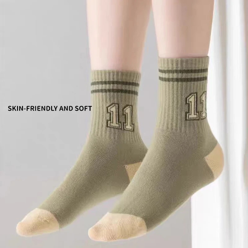 5 Pairs Letter Striped Kids Boys Girls Mid-calf Socks Cotton Solid Number 11 Elastic Comfortable Sports Socks for Childern