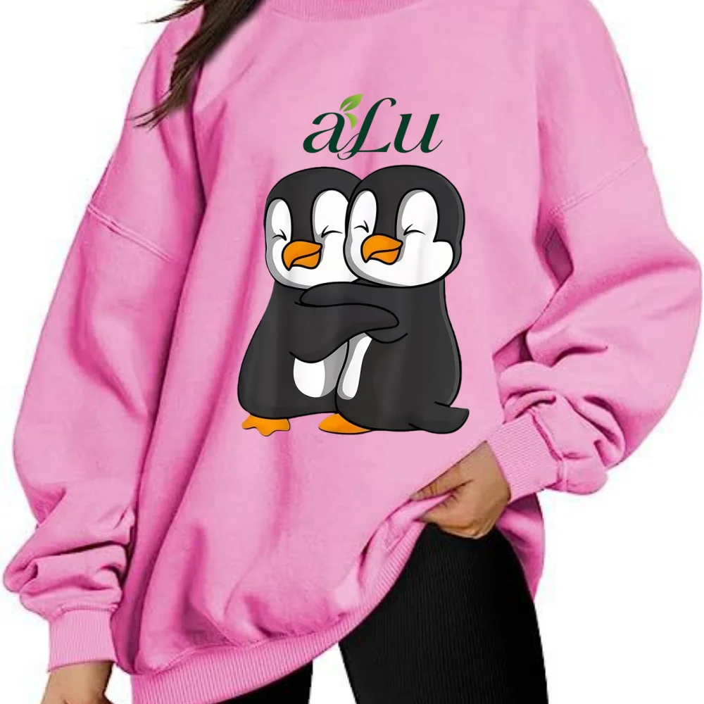 

Soft Casual Penguin Print Crewneck Sweatshirt Women Loose Long Sleeve Pullover Tops Autumn Winter Daily Wear