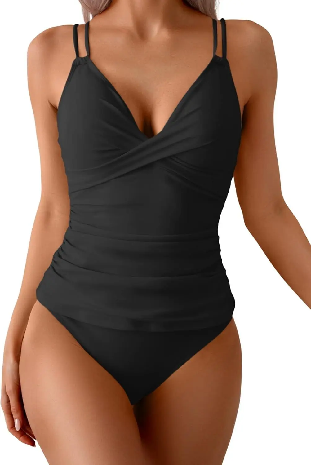 Traje de baño plisado con cuello de 2025V para mujer con correas, bikini sexy de una pieza para nadar de mujer