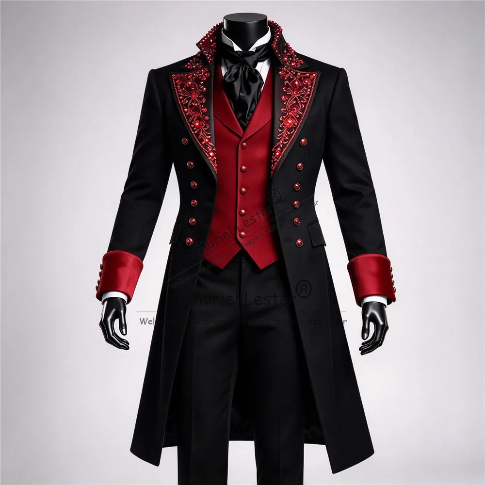 Victorian Tailcoat Suits Men For Wedding Gothic Style Crystals Beaded Prom Blazer Long Customized Man Business Party Tuxedo 3PCS