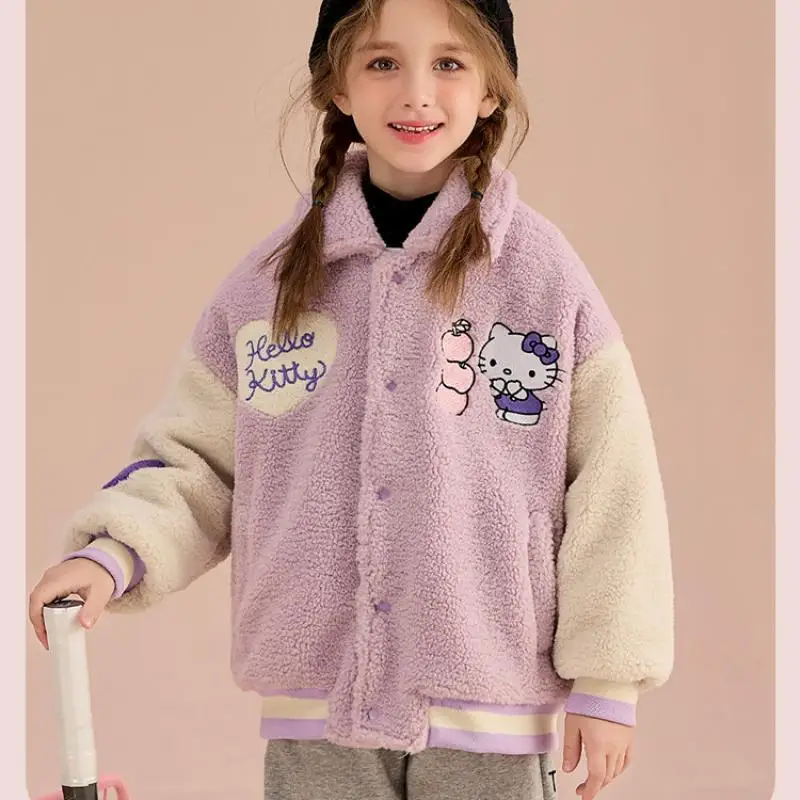 

Hot Sanrio Hello Kitty Girl Sherpa Coat Autumn Winter Kawaii Polar Fleece Child Jacket Cartoon Quilted Thicken Cotton Coat New