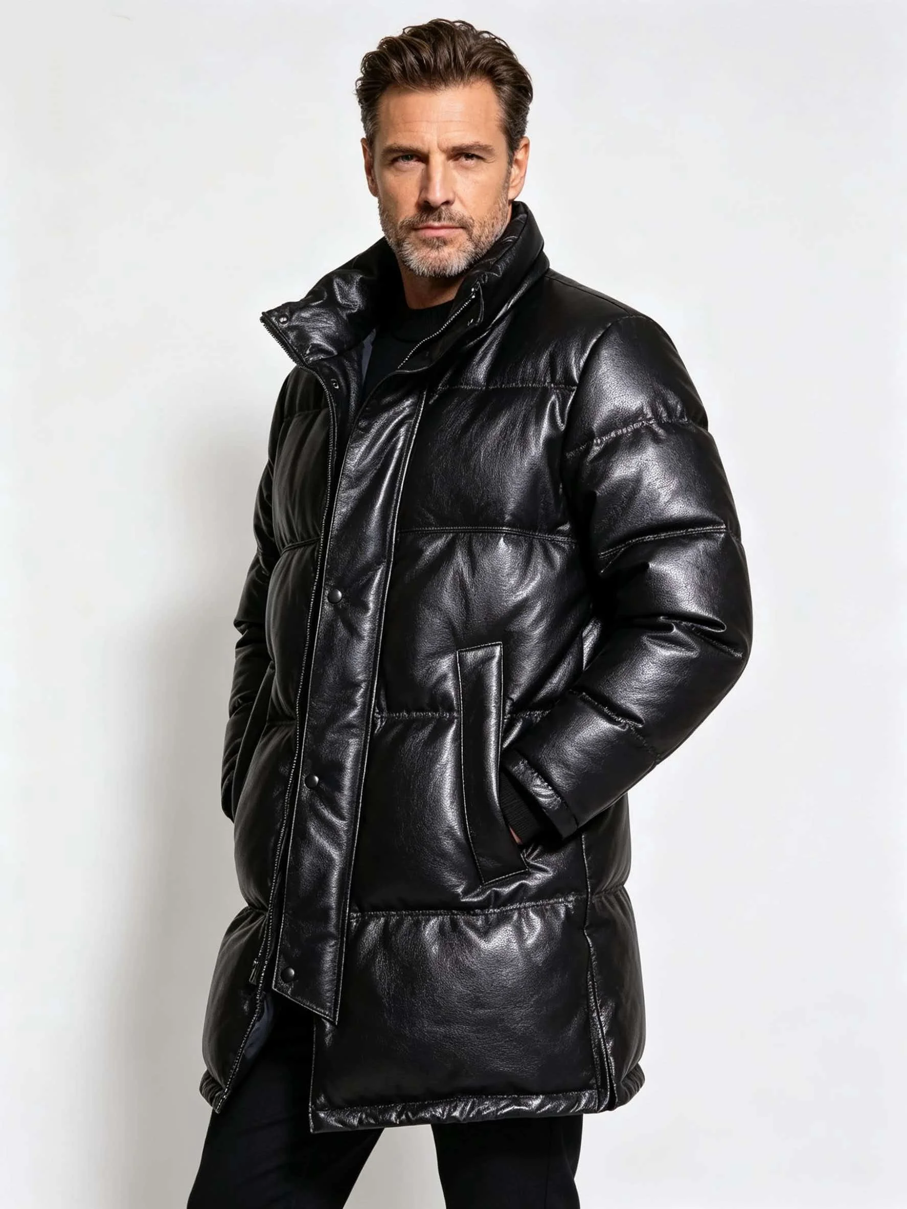 Black Long Winter Leather Jacket Men Casual Style Plus Size 5XL Genuine Natural Cowhide Stand Collar Thick Warm Down Coat