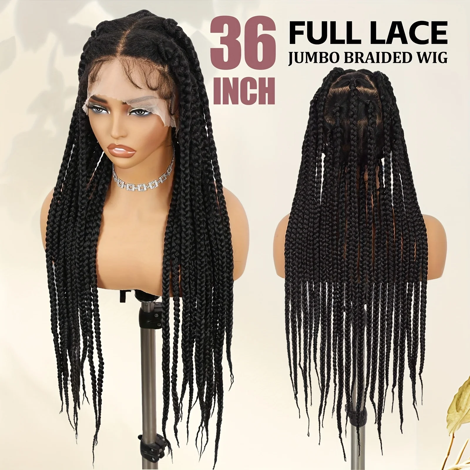 باروكة صناعية مضفرة بدانتيل كامل مقاس 36 بوصة للنساء - ضفائر صندوقية بدون عقدة مع شعر مستعار بدانتيل أمامي شعر مستعار صناعي #3