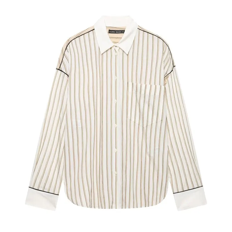 New 2026 Early Autumn Women's Long Sleeve Collared Striped Shirt Pants Color Block Fashionable Casual Wear Work Uniform view 3