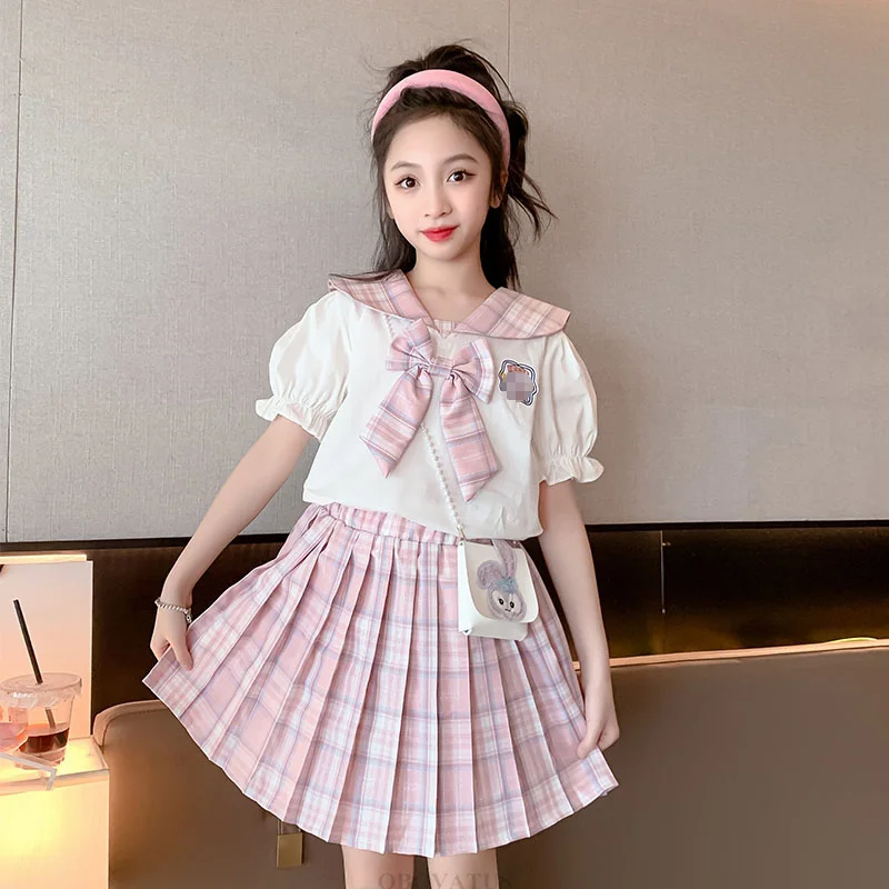 Summer Baby Girls Uniform Clothes Set Child Tops Shirt + Blouse Two Pieces Suits Teenager Outfits With Bow Kids School Outerwear