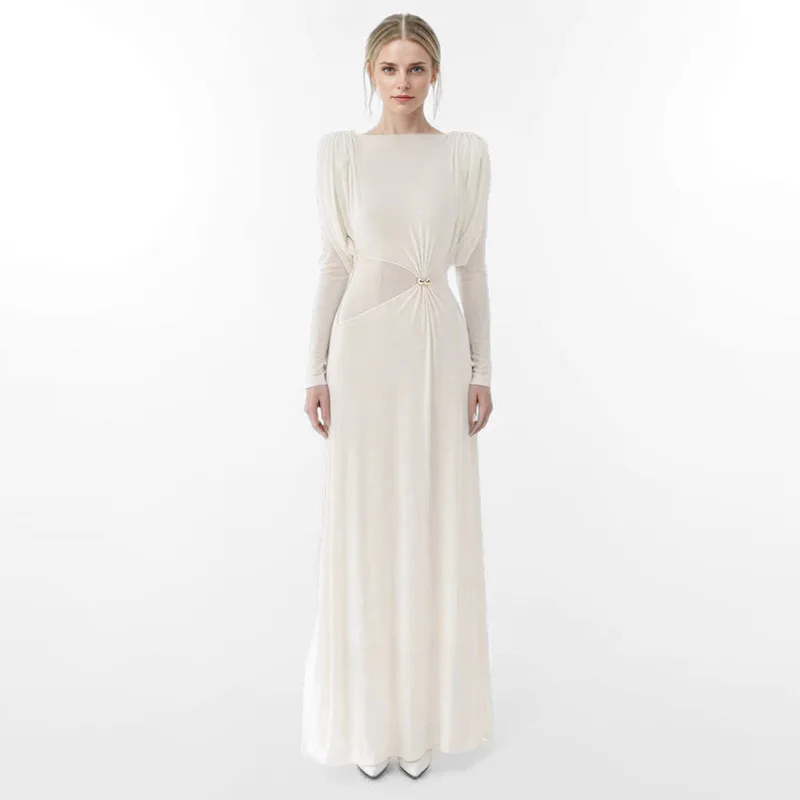 

Temperament White Knot Dress Dresses Spring O-neck Long Sleeves Knee Length Dress Summer High Waist Folding Pullover Long Dress