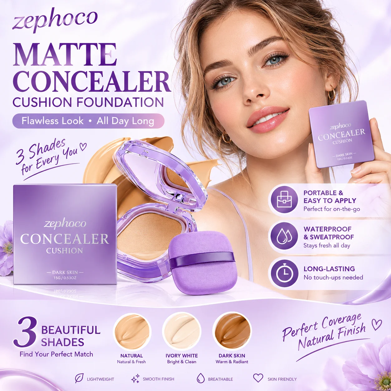 Zephoco Cushion Foundation Waterproof Matte Oil Control Smooth Pore Blurring Concealer Makeup Base High Coverage Foundation 15g
