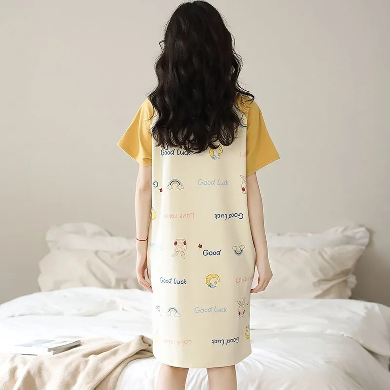 Women's Cotton Summer Nightgowns Ladies Short-sleeved Nightdress Summer Thin Loose Simple Home Clothes Girls Casual Sleepshirts