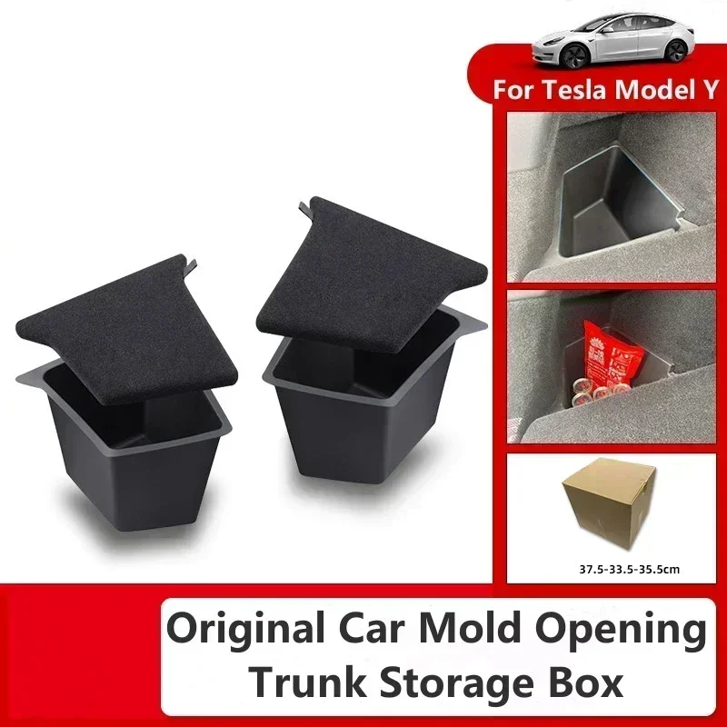 Car Trunk Side Storage Box For Tesla Model Y 2018-23 Hollow Cover Organizer Flocking Mat Partition Board Stowing Tidying