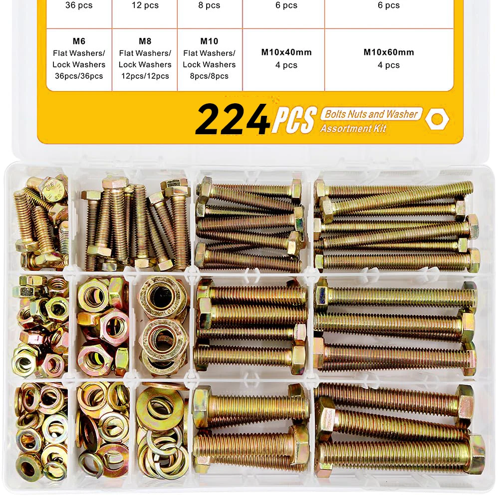 

224 pieces. 8.8 M6 M8 M10 heavy-duty bolts and nuts combination kit includes 8 common sizes
