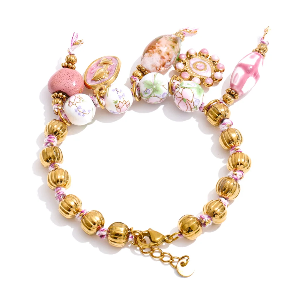 Women's Handmade Beads Chain Ceramic Heart Eye Drop Necklace Bracelet Set