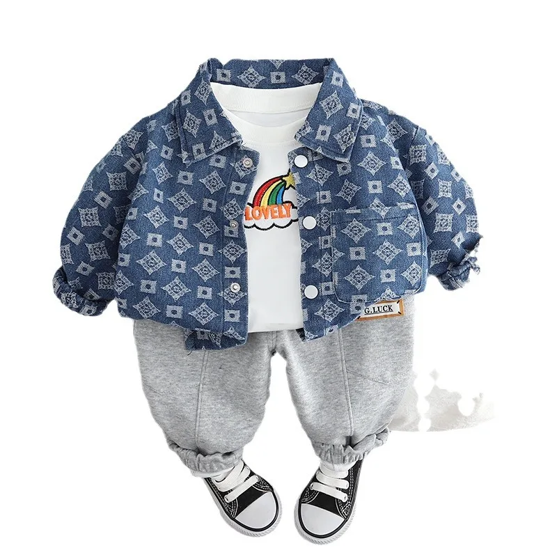 2024 Spring Autumn Kids Boys 3PCS Clothes Set Rainbow Embroidery Shirt Printed Denim Coat Sports Pants Suit Toddler Boys Outfits