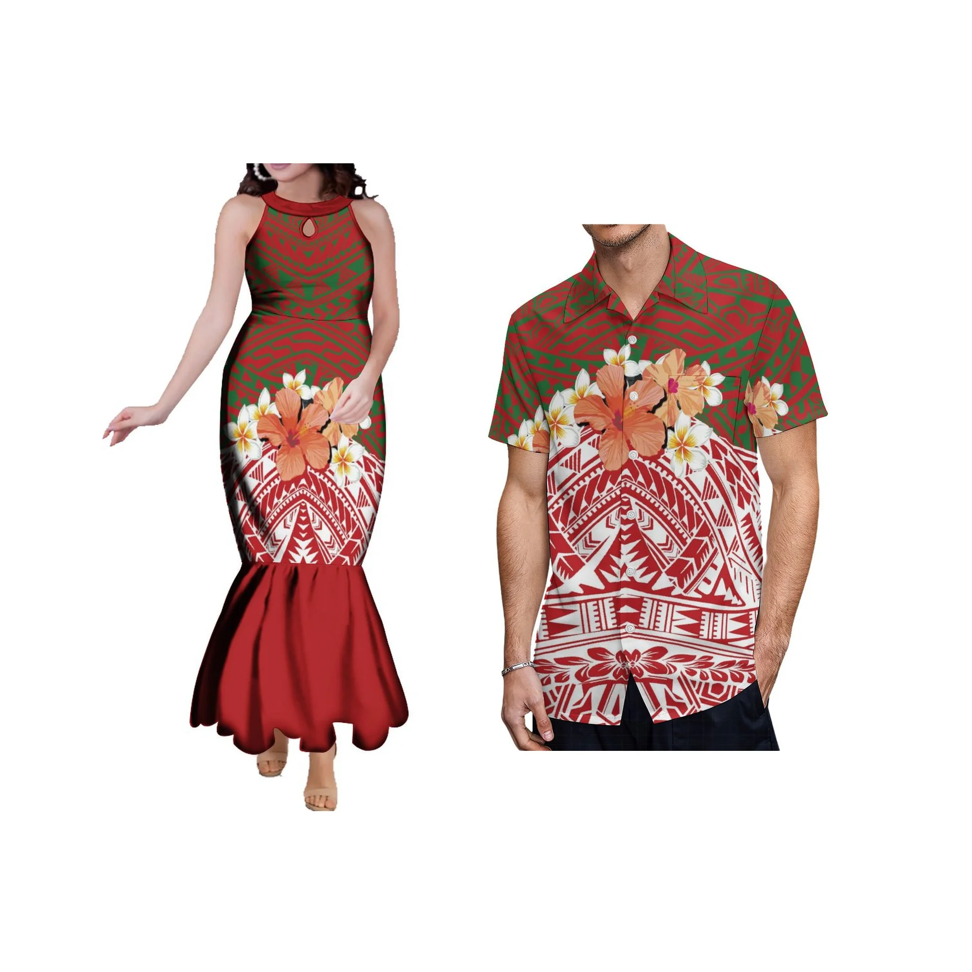 

New Factory Wholesale Customized Fiji Samoa Tribal Tear Drop Design Elegant Fishtail Mermaid Dress Lady Sleeveless Halter Dress