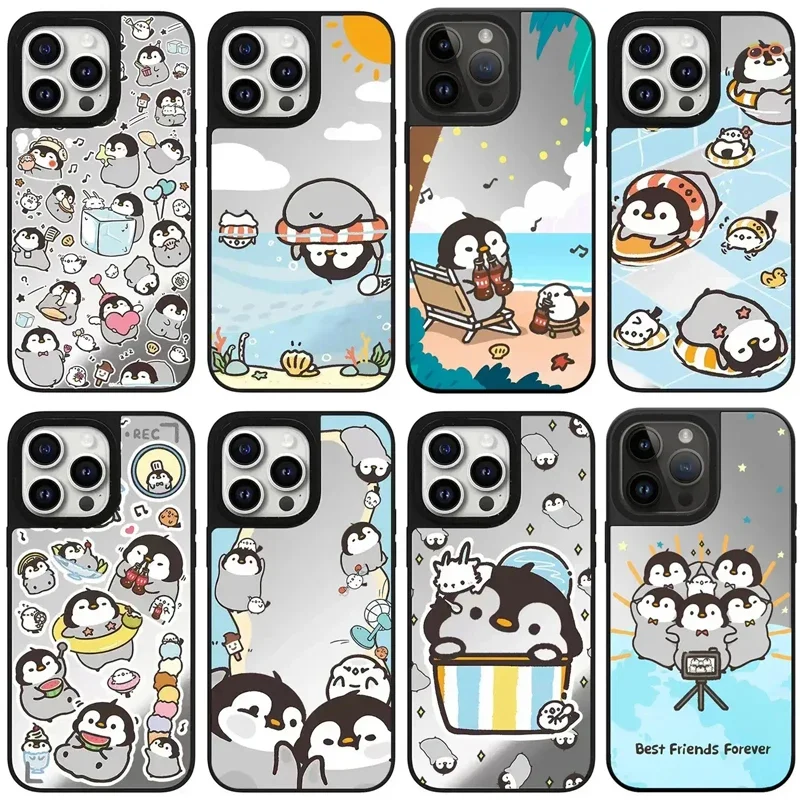 

Cute Penguin Mirror Black Border Magnetic iPhone 11 12 13 15 14 Pro Max Protective Case, Fits iPhone 15 Pro Max