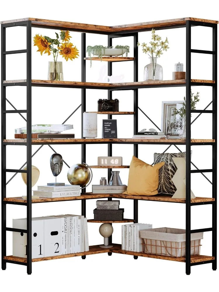 

Industrial Bookcases and Bookshelves, 5-Tiers Corner Bookcase with Curved Panels, L Shaped Shelf with Metal Frame for Ope