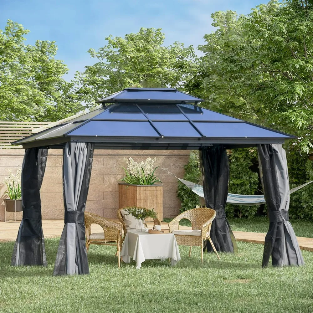 

10' X 12' Hardtop Gazebo Canopy With Polycarbonate Roof, Aluminum Frame,with Netting,canopy Outdoor