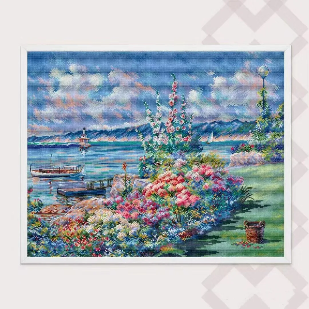 Cross Stitch Kit Heart shaped 34- Flower Coast 54-46 28ct 32ct 14ct Metallic fabric  Cloth hand Embroidery Material Kit