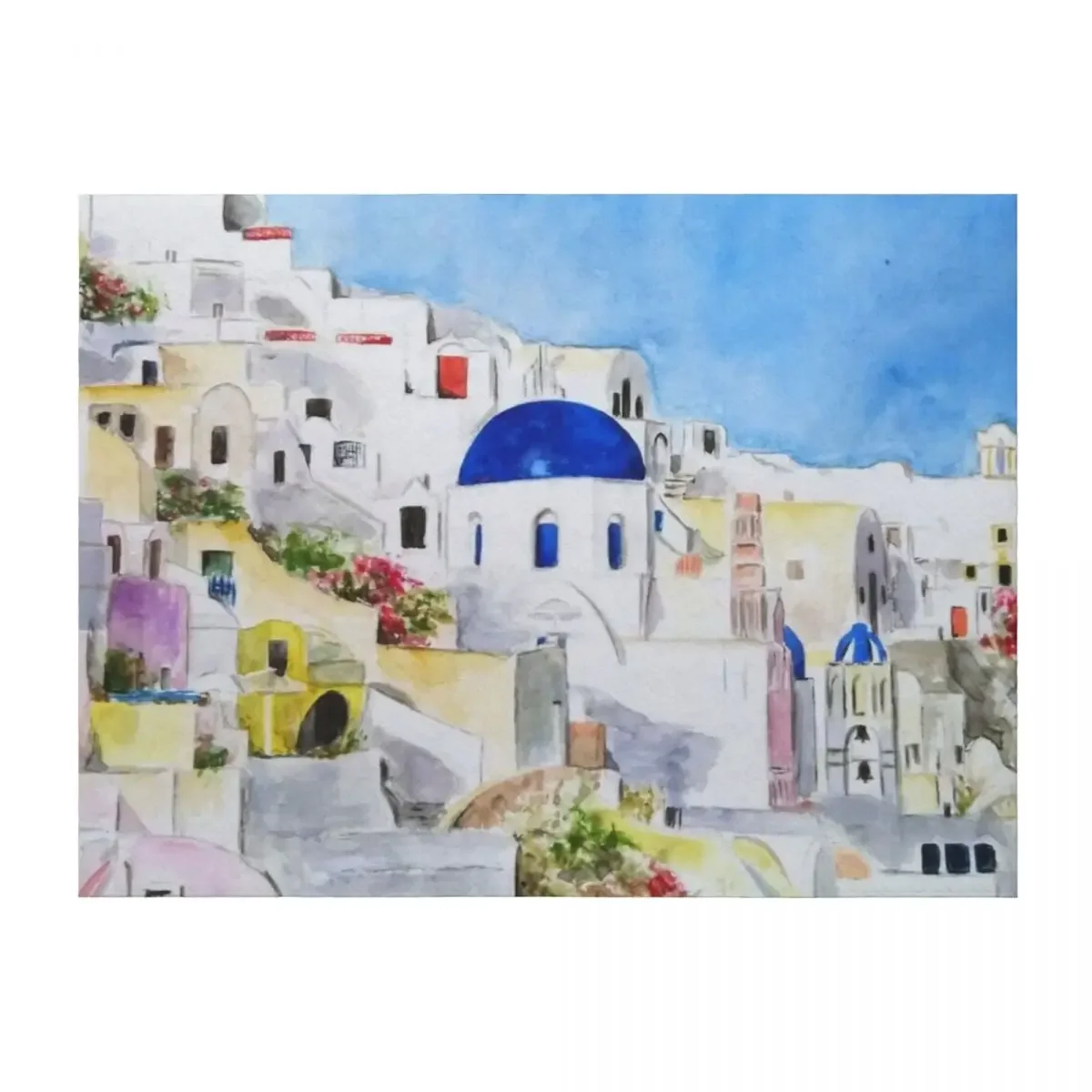 

Santoroni Greece Aegean sea watercolor painting Throw Blanket Bed linens Designers Luxury St Flannels Blankets