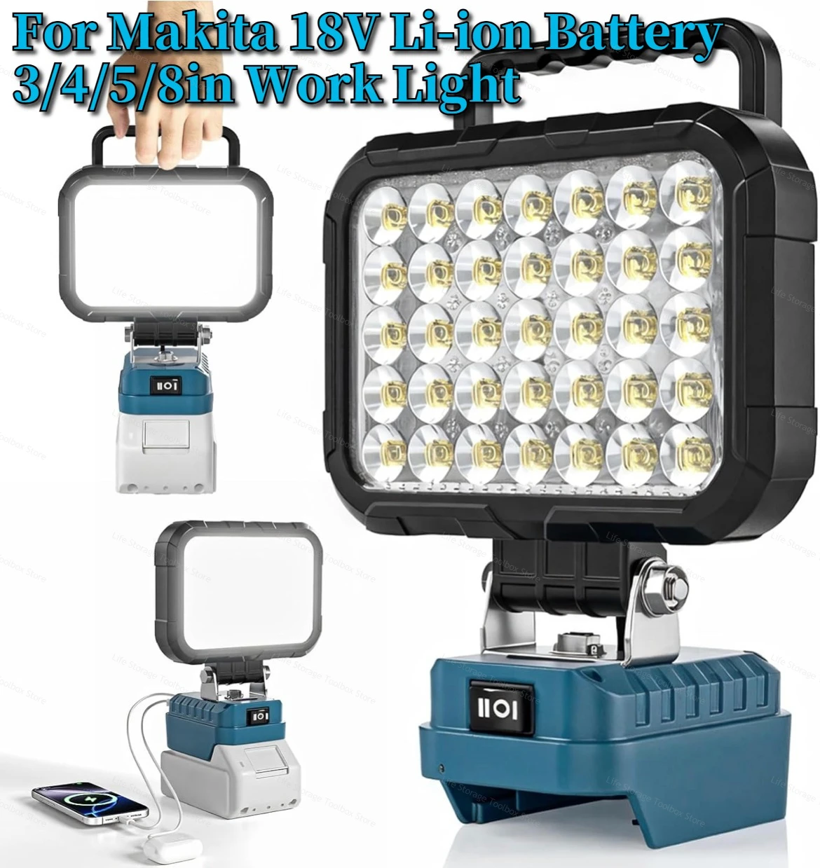 Lampe de travail portable pour batterie Li-ion Makita 18V 21V, lanterne avec lampe torche LED USB pour éclairage d'urgence, pièces d'outillage