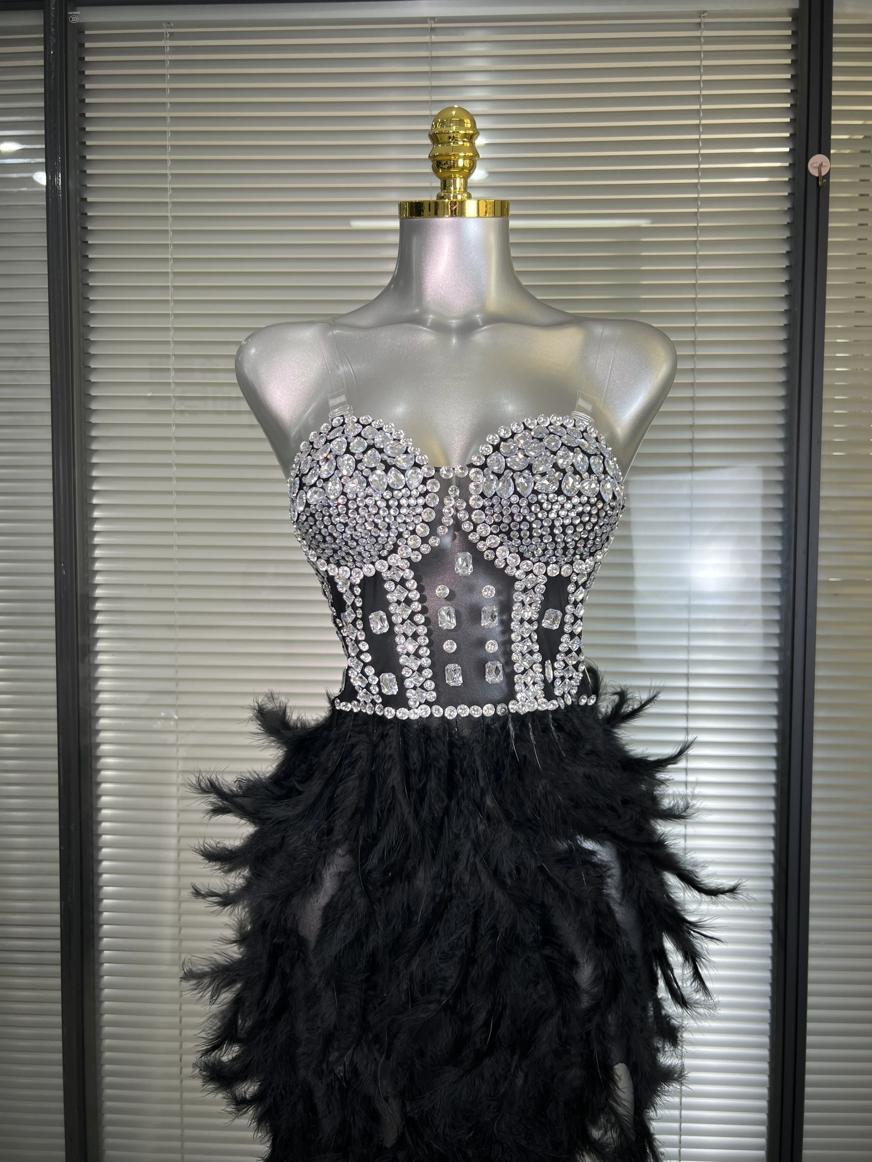 New Women Sexy Mesh Stretched Split Feathers Performance Costume Stage Black Nude High Stretchy Night Club Party Maxi Dress