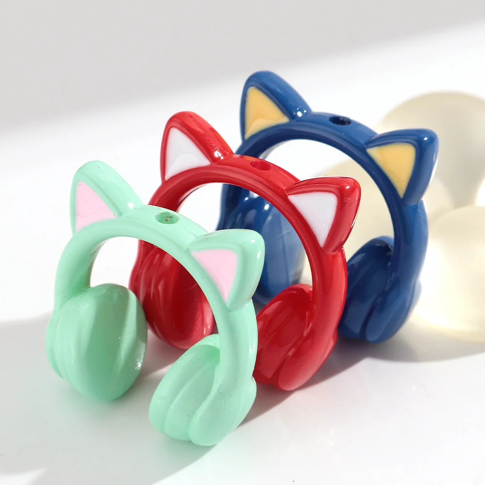 10Pcs Colorful Cat Ears Headphone Acrylic Loose Beads Charm For DIY Craft Keychain Necklace Pendant Accessories view 2